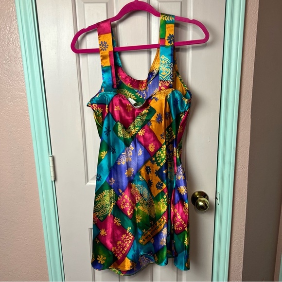 Vintage Multicolor Patchwork Mini Slip Dress Large - Picture 7 of 7